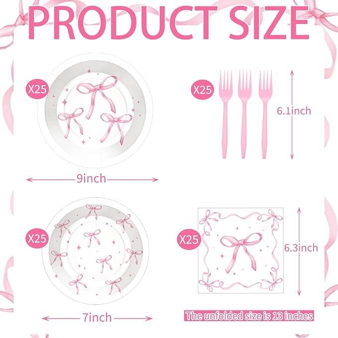 100 Pcs Pink Ribbon Bow Party Supplies Set, Serves 25 – Disposable Paper Plates, Napkins, and Plastic Forks, Coquette-Inspired Bow-Themed Tableware for Birthday, Bridal Shower, Wedding Decorations