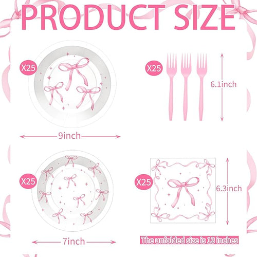 100 Pcs Pink Ribbon Bow Party Supplies Set, Serves 25 – Disposable Paper Plates, Napkins, and Plastic Forks, Coquette-Inspired Bow-Themed Tableware for Birthday, Bridal Shower, Wedding Decorations