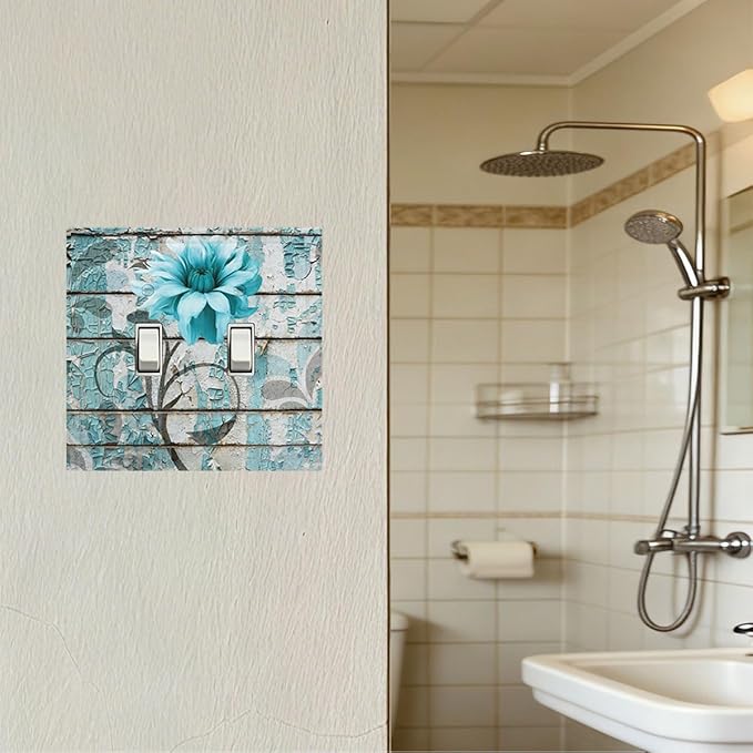 Vintage Floral Double Toggle Switch Cover - 2-Gang Standard US Size Rustic Farmhouse Teal Flower Distressed Brick Light Switch Covers for Bedroom Bathroom Decor