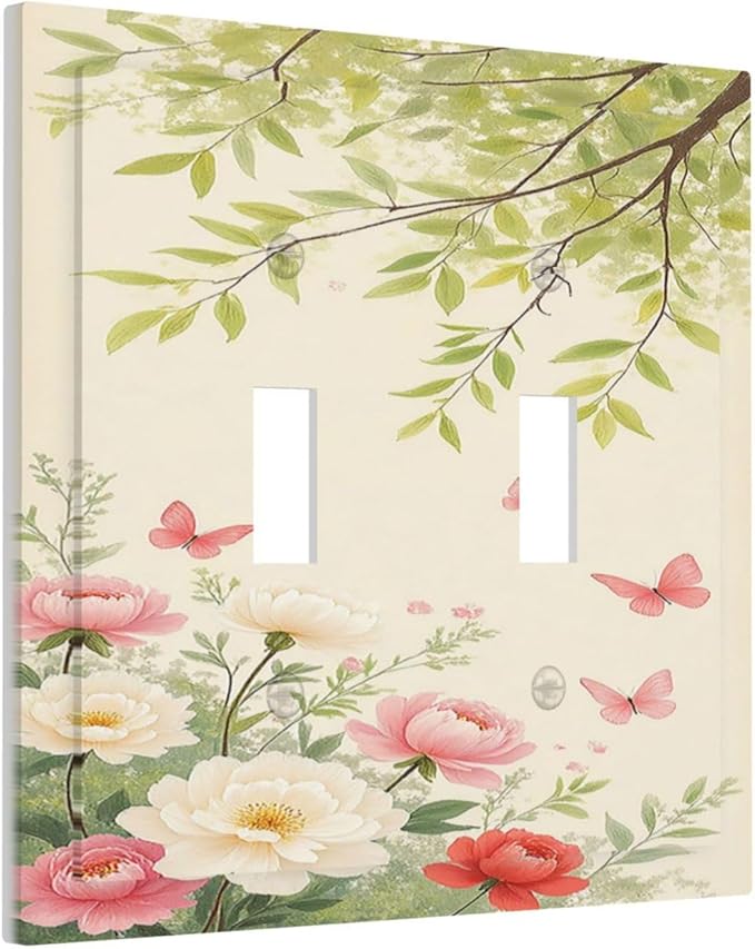 Decorative Switch Plates Garden Flowers Green Leaves And Butterflies 2 Gang Double Toggle Wall Plate Outlet Light Switch Cover Electrical Faceplate for Bedroom Cabin Decor