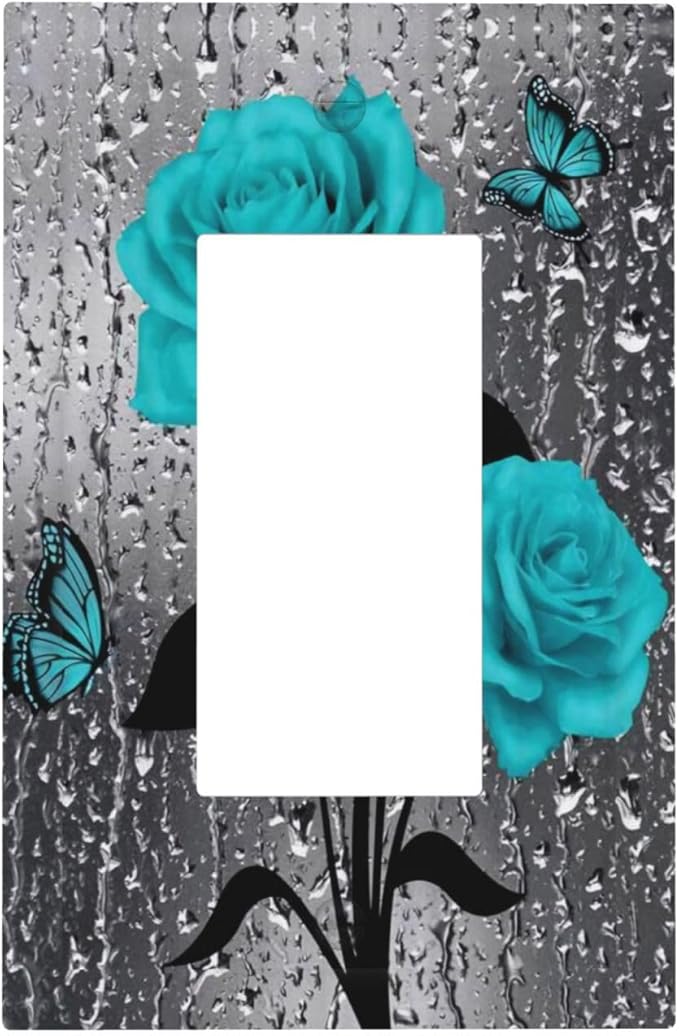 Romantic Aqua Teal Blue Raindrop Floral Rose Flower 1 Gang Single Decorator/Rocker Light Switch GFCI Wall Plate Women Lady Girl Lovely Electrical Device Receptacle Face Plug Outlet Cover for Dimmers