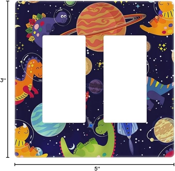 Galaxy Starry Astronaut Dinosaur 2 Gang Double Rocker/Decora Light Switch Cover Decorative Outlet Wall Plate Electrical Faceplate Home Family Art Decor Screwless
