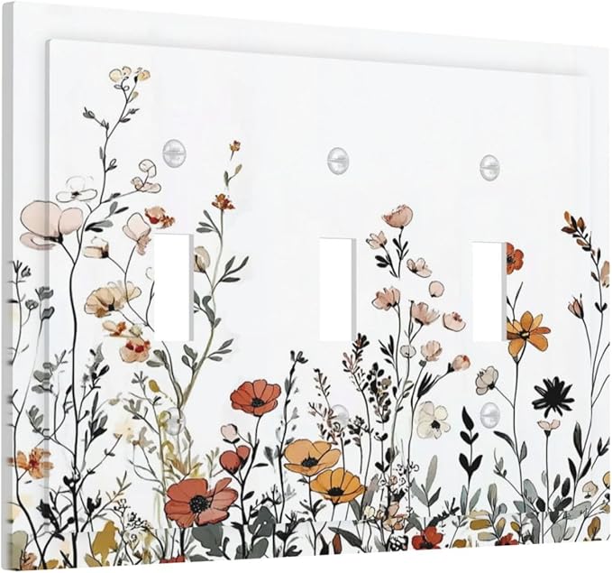 Decorative Switch Plates Vintage Wildflower Colorful Plants Floral 3 Gang Wall Plate Triple Toggle Light Switch Cover Faceplate Electrical Wall Panels For Bed Room Living Room Decor
