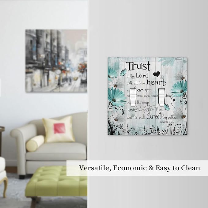 Rustic Teal Daisy Bible Verse Wooden Inspirational Quote Decorative Switch Plates 2 Gang Double Toggle Outlet Light Switch Cover Wall Plate Electrical Faceplate for Bedroom Living Room Decor