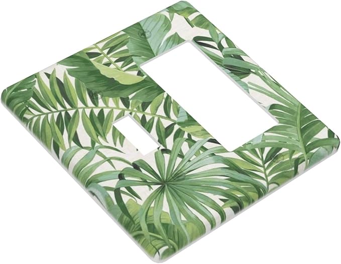 2 Gang Combination 1-Toggle 1-Rocker GFCI/Decorator Outlet Light Switch Cover Green Summer Tropical Forest Banana Palm Tree Leaf Plant Nature Decorative Combo Two Dual Device Receptacle Wall Plate