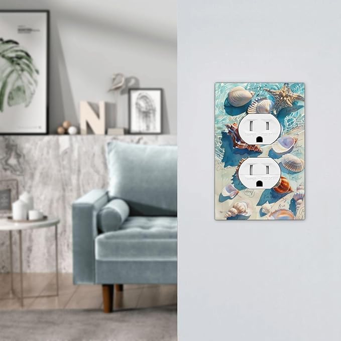 Outlet Covers Ocean Waves Starfish Conch Scallop Shell 1 Gang Duplex Light Switch Cover Decorative Switch Plates Electrical Receptacle Faceplate Wall Plate For Kids Room Nursery Decor