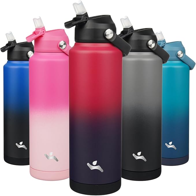 Konokyo Insulated Water Bottle with Straw Lid,40 oz Stainless Steel Vacuum Metal Bottle with Silicone Handle,Rosy Red