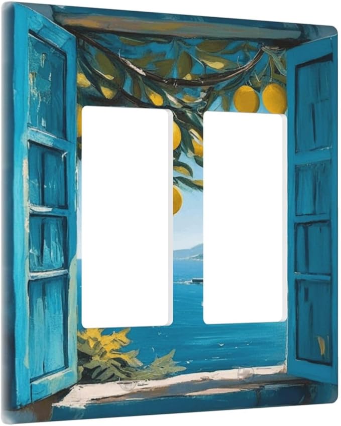 Decorative Art Light Switch Covers Seaside Window with Lemons 2 Gang Dual Rocker Outlet Switch plate Faceplate GFCI for Home Decor