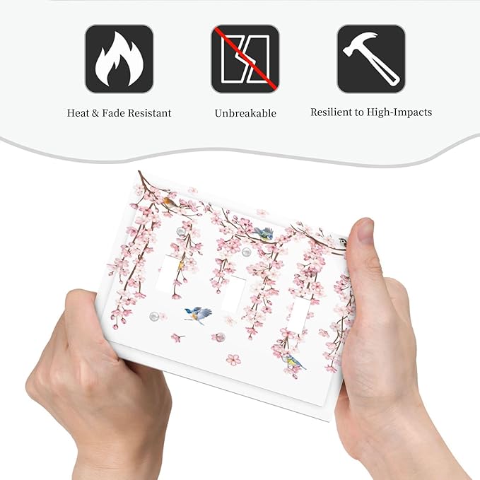 Pink Cherry Blossom Flower Vine Floral Tree Branch Birds Decorative Switch Plates 3 Gang Wall Plate Triple Toggle Light Switch Cover Faceplate Electrical Wall Panels for Bedroom Living Room Decor