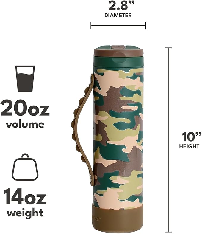 Elemental Iconic Kids Water Bottle for School - 100% Leak-Proof Insulated Water Bottles with Straw Lid & Pop-It Handle for Boys & Girls - Triple-Wall Insulated & BPA-Free, 20oz – Green Camo