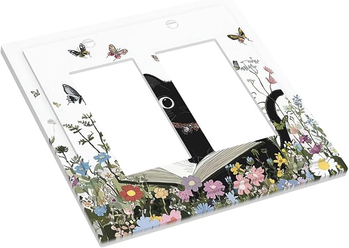 Decorative Outlet Covers Cute Cat Wildflowers Boho Flowers Floral 2 Gang Double Gfci Rocker Electrical Wall Panels Light Switch Cover Plate For Nursery Kids Room Decor
