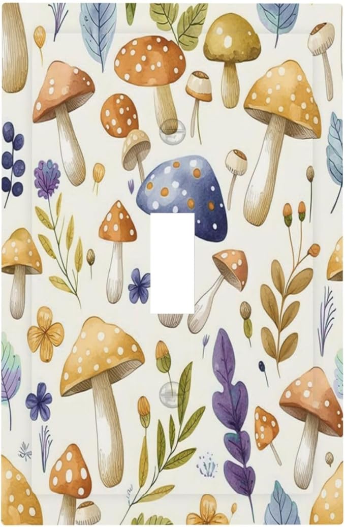 Boho Watercolor Mushroom Flowers Leaf Colorful Floral Decorative Light Switch Cover 1 Gang Single Toggle Device Electrical Faceplate Switchplates Decorator Outlet Wall Plate for Kids Room Nursery