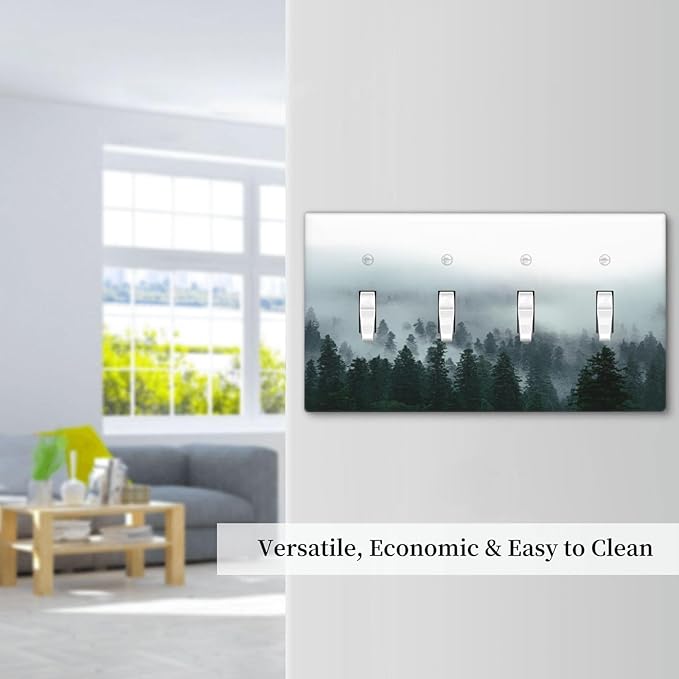 Forest Pine Forest Foggy Mountain Natural Scenery Light Switch Covers Quad Toggle Electrical Faceplate 4 Gang Wall Plate Decorative Switch Plates for Bed Room Living Room Decor