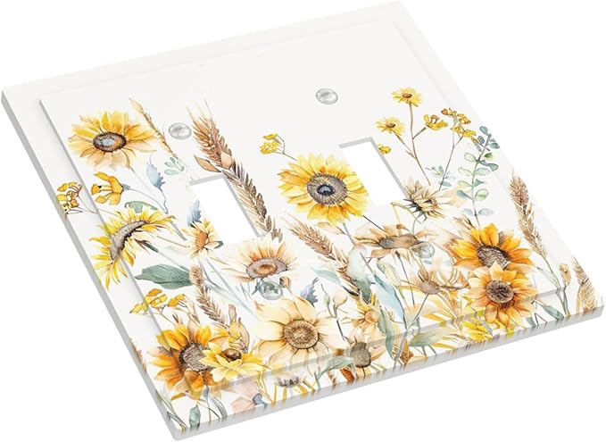 Yellow Floral Sunflowers Wheat Ears Watercolor Wild Flowers Decorative Switch Plates 2 Gang Double Toggle Outlet Light Switch Cover Wall Plate Electrical Faceplate for Bedroom Living Room Decor