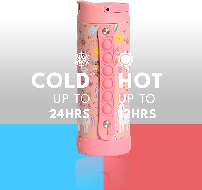 Elemental Iconic Kids Water Bottle for School - 100% Leak-Proof Insulated Water Bottles with Straw Lid & Pop-It Handle for Boys & Girls - Triple-Wall Insulated & BPA-Free, 14oz – Pink Unicorn