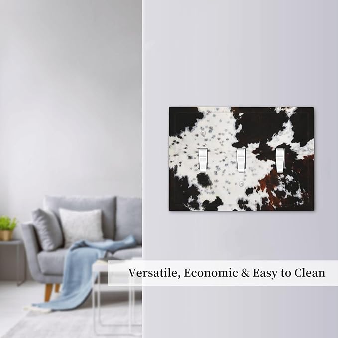 Western Black White Brown Cow Decorative 3 Gang Triple Toggle Light Switch Cover Highland Cowhide Wild Animal Fur Skin Spots Cheetah Leopard Print Wall Plate Electrical Three Device Switch Face Plate