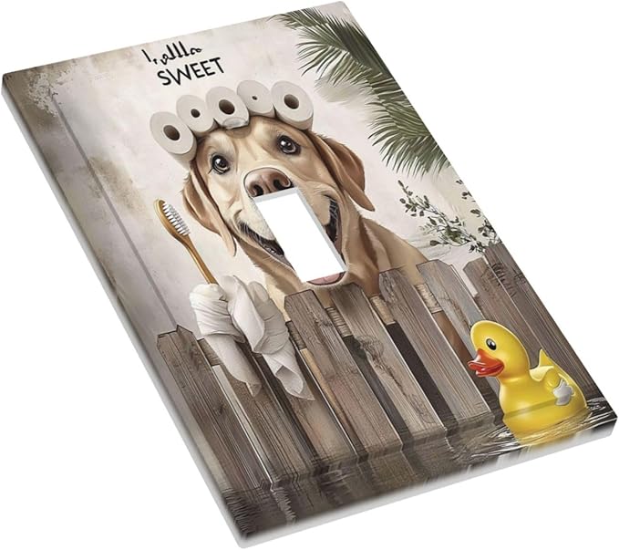 Funny Dog Rustic Farmhouse Wooden Fence Labrador Decorative Light Switch Cover 1 Gang Single Toggle Device Electrical Faceplate Switchplates Decorator Outlet Wall Plate For Kids Room Bathroom Decor