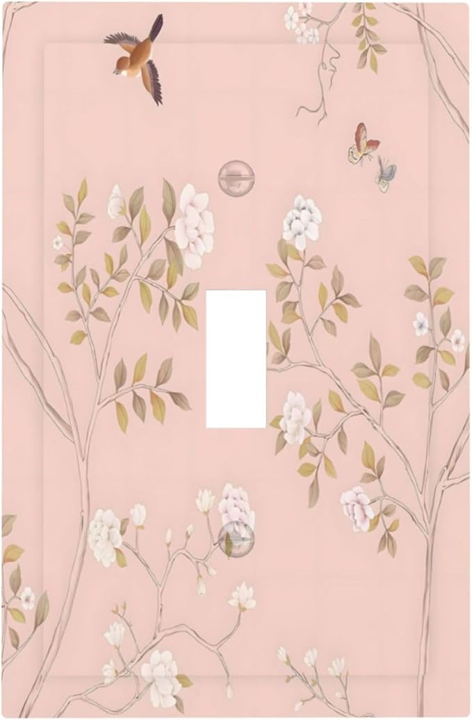 Pink Background Flowers Bird Butterflies Floral Decorative Light Switch Cover 1 Gang Single Toggle Device Electrical Faceplate Switchplates Decorator Outlet Wall Plate for Bedroom Living Room Decor