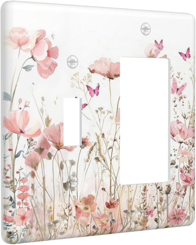 Boho Floral Watercolor Pink Wildflower Butterfly Outlet Covers 1 Toggle 1 Rocker Combination Decorative Wall Plate Electrical Switch Plates Light Switch Cover Plate for Bedroom Living Room Decor