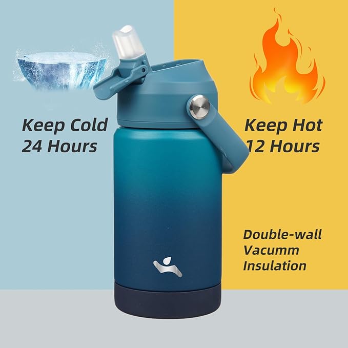 Konokyo Insulated Water Bottle with Straw Lid,12 oz Stainless Steel Vacuum Metal Bottle with Silicone Handle,Vast