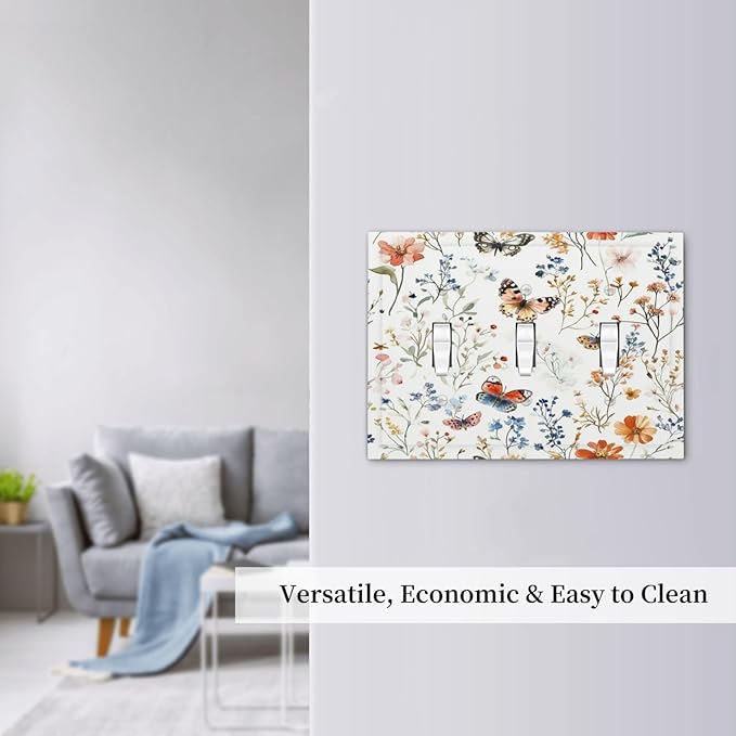 Decorative Switch Plates Vintage Wildflowers Plants Floral 3 Gang Wall Plate Triple Toggle Light Switch Cover Faceplate Electrical Wall Panels For Bed Room Living Room Decor