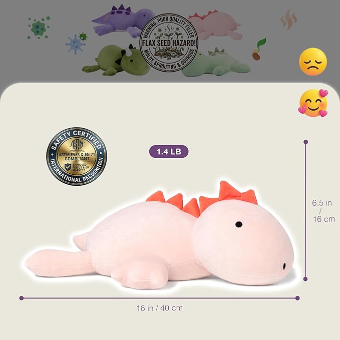 OSOCU® Microwavable Heating Pad Pink Stegosaurus Plush - 1.4 Lb Weighted Stuffed Animal Toy with Tourmaline Beads & Lavender - 16" Squished Long Dinosaur Pillow - Lumbar Back Cushion Lasting Warmth
