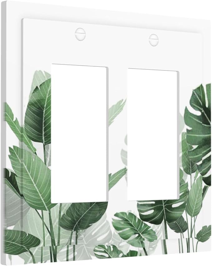 Decorative Outlet Covers Boho Tropical Plant Natural Palm Leaf 2 Gang Double Gfci Rocker Electrical Wall Panels Light Switch Cover Plate For Bed Room Living Room Decor