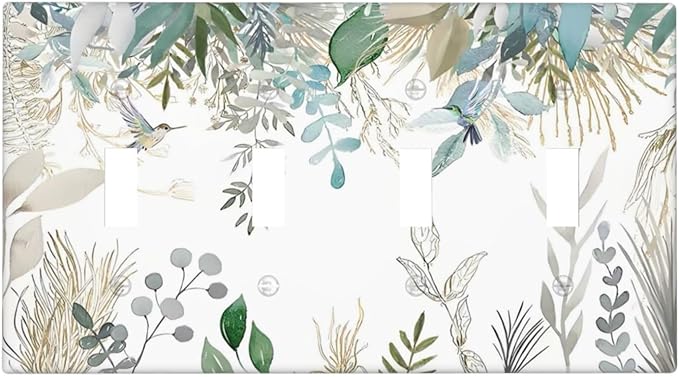 Green Tropical Palm Leaves Flower Plants Hummingbird Light Switch Covers Quad Toggle Electrical Faceplate 4 Gang Wall Plate Decorative Switch Plates for Bed Room Living Room Decor