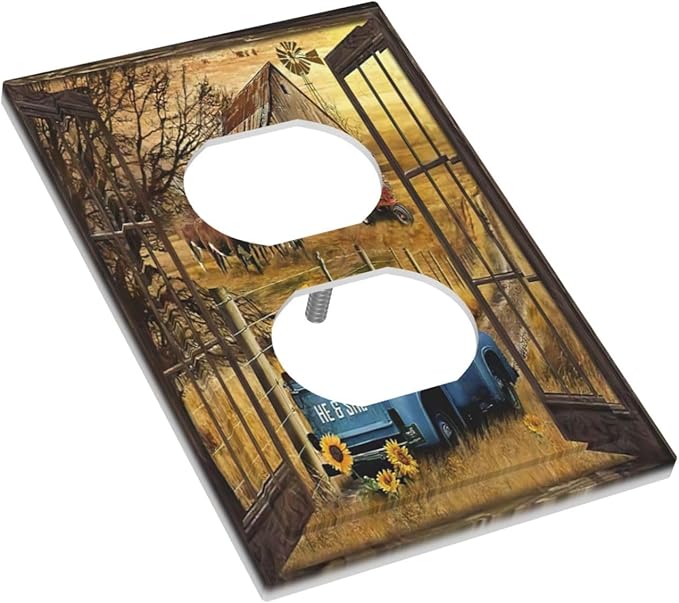 Fall Western Farmhouse Cow 1 Gang Outlet Plate Covers Decorative Single Duplex Wall Plate Barn door Blue Truck Electrical Receptacle Light Switch Cover Art Faceplate Switchplate for Home Decor