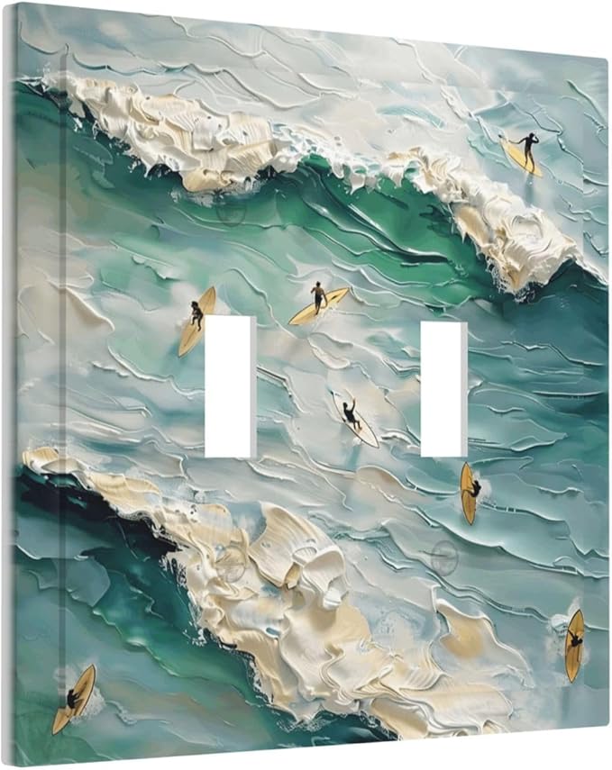 Beach Waves Ocean Surfing Hoverboard Painting Print Decorative Switch Plates 2 Gang Double Toggle Outlet Light Switch Cover Wall Plate Electrical Faceplate for Bedroom Living Room Decor