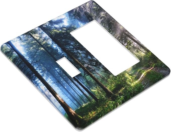 Green Landscape Forest Tree 2 Gang Single Toggle/Rocker Combination Light Switch Cover Decorative Wall Plate Cover Electrical Faceplate Art Oil Painting Decor
