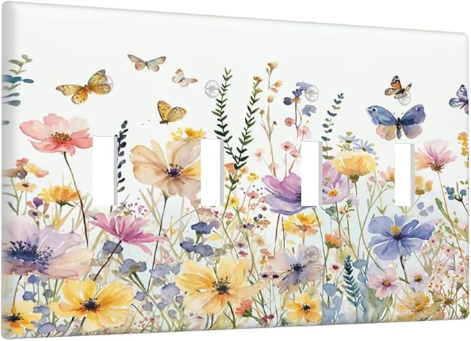 Wildflowers Colorful Flower Butterfly Floral Light Switch Covers Quad Toggle Electrical Faceplate 4 Gang Wall Plate Decorative Switch Plates Cover for Farmhouse Bedroom Decor