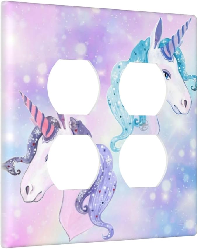Lovely Fantasy Kid Girl 2-Gang Device Duplex Wall Plate, Cute Funny Cartoon Colorful Rainbow Purple/Blue Unicorn Decorative Two Gang Double Duplex Receptacle Socket Outlet and Light Switch Cover Plate