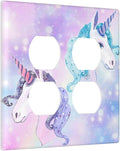 Lovely Fantasy Kid Girl 2-Gang Device Duplex Wall Plate, Cute Funny Cartoon Colorful Rainbow Purple/Blue Unicorn Decorative Two Gang Double Duplex Receptacle Socket Outlet and Light Switch Cover Plate