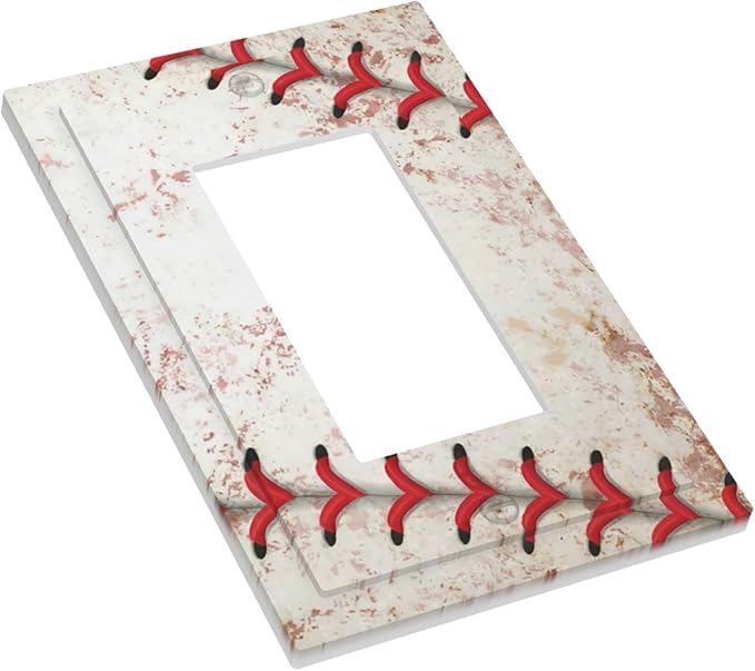 Vintage Baseball Stitch & Distressed Leather Single Rocker Switch Cover - 1-Gang Standard US Size Home Run Game Themed Light Switch Covers for Boy's Bedroom Decor
