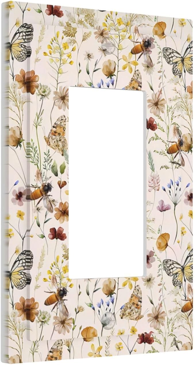 Vintage Butterflies Single Rocker Outlet Wall Plates Colorful Wildflower 1 Gang Light Switch Cover Decorative Cute Bees Electrical GFCI Switchplate Beige Flower Leaves Dimmer Decor for Bedroom Kidroom
