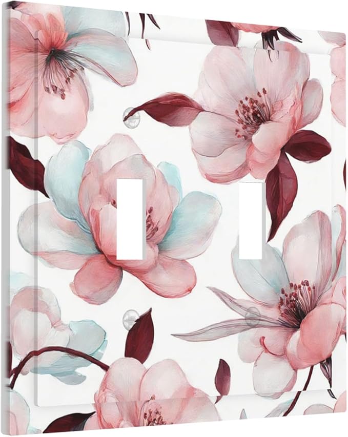 Watercolor Pink Cherry Blossom & Floral Burst Double Toggle Switch Cover - 2-Gang Standard US Size Romantic Floral Escape Light Switch Covers for Bathroom Bedroom Vanity Decor