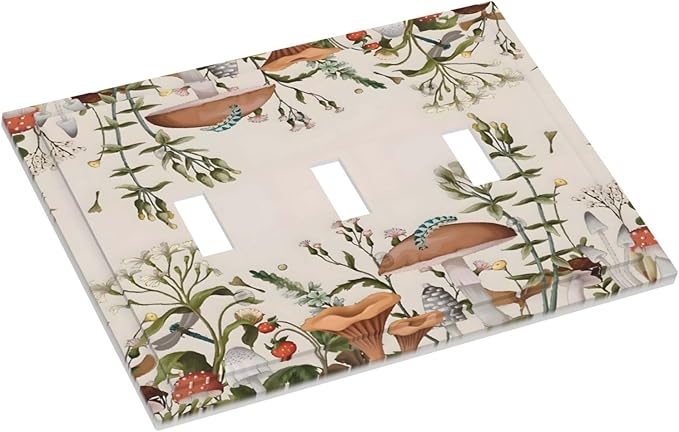 Boho Mushroom Forest Plants Wildflowers Insects Decorative Switch Plates 3 Gang Wall Plate Triple Toggle Light Switch Cover Faceplate Electrical Wall Panels for Kids Room Home Decor