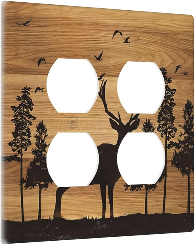 Elk Moose Forest Hunting Pyrography Art Wood Texture Print Outlet Covers 2 Gang Double Duplex Decorative Light Switch Covers Electrical Wallplates Socket Faceplate for Farmhouse Bedroom Decor
