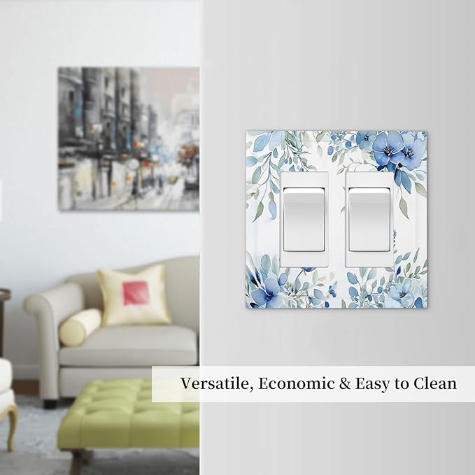 Watercolor Blue Flower Plant Floral Green Leaves Decorative Outlet Covers 2 Gang Double GFCI Rocker Electrical Wall Panels Light Switch Cover Plate for Bedroom Living Room Decor