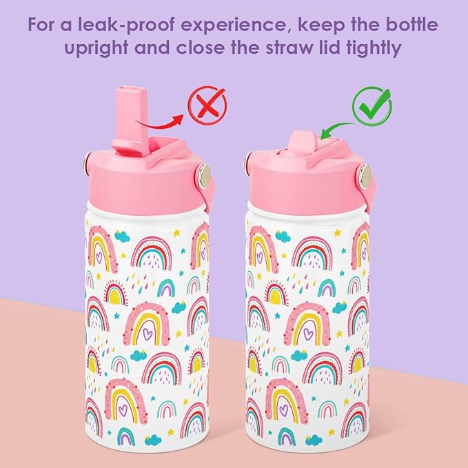 SANDJEST Kid Water Bottle 12oz with Straw Lid - 2-Pack Insulated Stainless Steel Water Bottles for Kids Girls - Travel Cup for School Sports, Rainbow & Mermaid