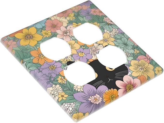 Outlet Covers Funny Cute Cartoon Cat Floral Colorful Flower 2 Gang Double Duplex Decorative Light Switch Covers Electrical Wallplates Socket Faceplate For Kids Room Nursery Decor