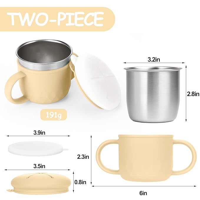 Toddler Snack Containers Stainless Steel Spill-Proof Snack Containers for Toddlers with Spill-Proof Silicone Lids and Handles 4-in-1 Baby Snack Cup is Dishwasher Safe for Easy use On The Go（Yellow）