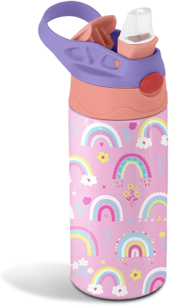 Rainbow Water Bottle for Kids - 12oz Colorful Kids Water Bottle with Straw, Stainless Steel Tumbler, Insulated, Leak-proof, BPA-free, Pop-up Straw Lid, for School - Children Birthday Gift Cup(1pc)