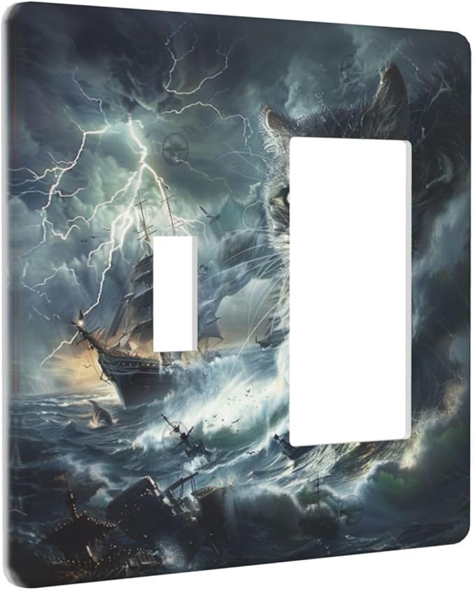 Light Switch Cover Plate funny Cat Stormy sea Lightning Sailboats 2 Gang Combo Wall Plates Toggle Rocker Decorative Switch Plates and Outlet Covers for Bathroom Kid Room Decor