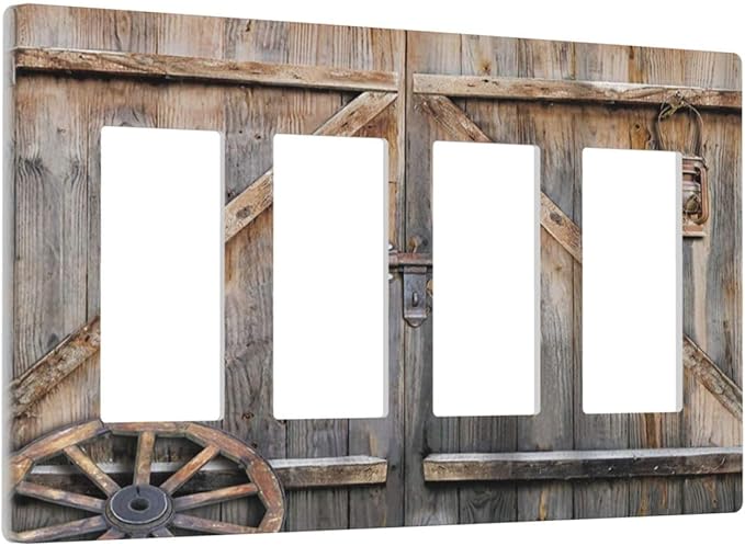 Wood Garage Barn Door Cabin 4 Gang Quad Rocker/GFCI/Decorator Light Switch Cover Plate Decorative Electric Faceplate Decorative Switchplate Screwless