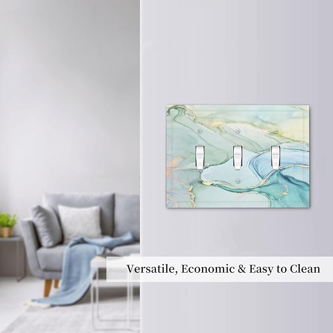 Decorative Switch Plates Teal Gold Marbling Turquoise 3 Gang Wall Plate Triple Toggle Light Switch Cover Faceplate Electrical Wall Panels for Bathroom living Room Decor