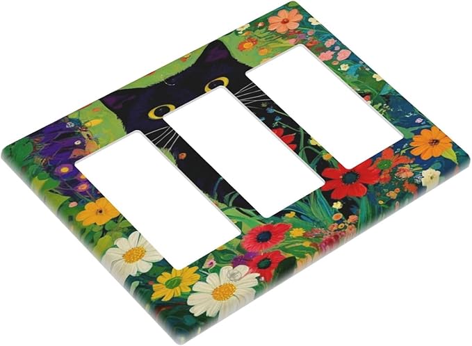 Decorative Art Light Switch Covers BlackCat&Flowers 3 Gang Triple Rocker Outlet Switch plate GFCI Faceplate GFCI for Home Decor