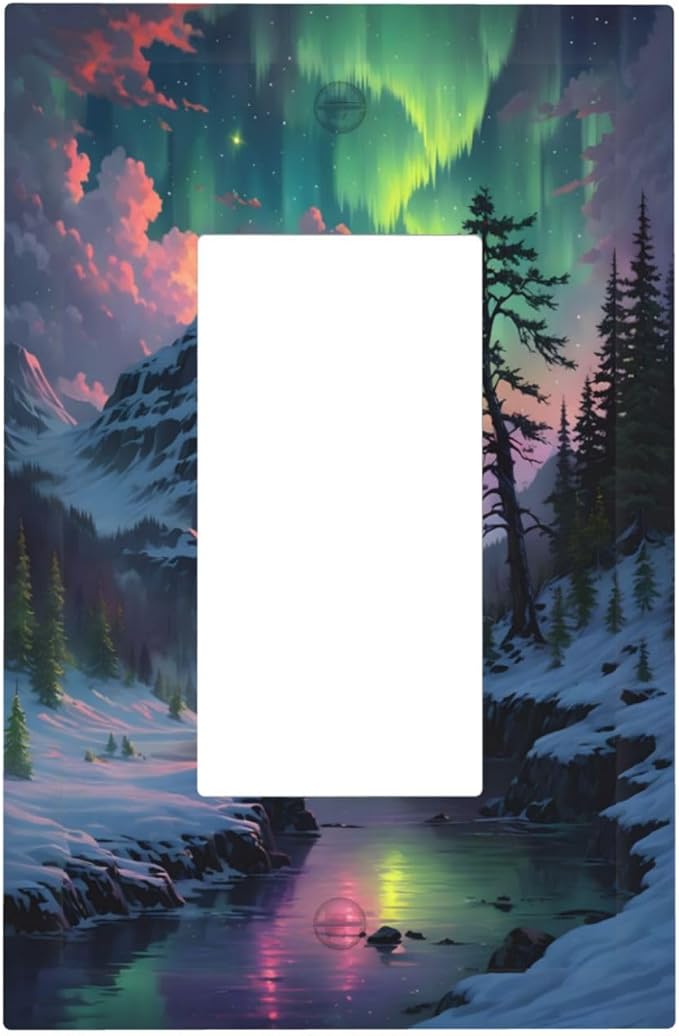 Snow Mountain Aurora Waterfalls Rivers Forest Decorative Outlet Covers 1 Gang Single Rocker Light Switch Cover Plate Wall Plates GFCI Faceplate for Bedroom Living Room Decor