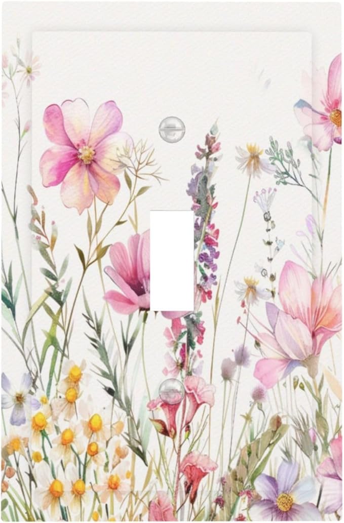 Pink Floral Wild Flowers Watercolor Plants Decorative Light Switch Cover 1 Gang Single Toggle Device Electrical Faceplate Switchplates Decorator Outlet Wall Plate for Bedroom Living Room Decor